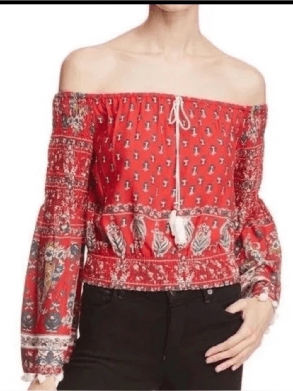 Band of Gypsies Red Off-Shoulder Boho Peasant Blouse with Tassel Tie